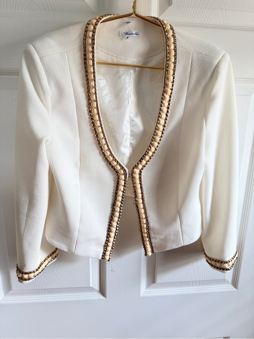Marineblu Cream Open-Front Embellished Crop Jacket